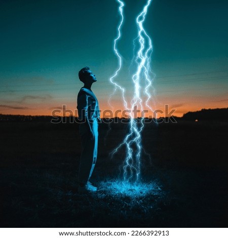 Unreal abstract photo of a young girl who was struck by lightning. Night photo. Photo art Royalty-Free Stock Photo #2266392913
