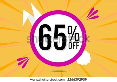 65 percent off. Orange banner with floating pink and white balloon for easter special offer and promotion.