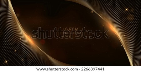 Abstract gold curved lines on dark brown background with lighting effect and sparkle with copy space for text. Luxury template award design style. Vector illustration Royalty-Free Stock Photo #2266397441