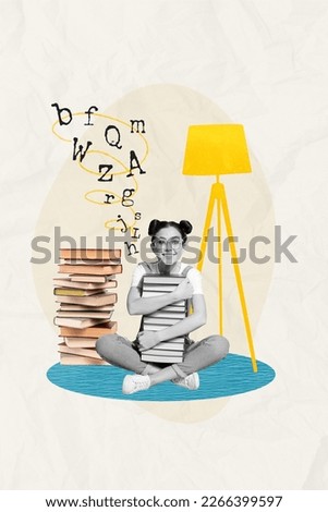 Poster banner image collage of nerd school lady enjoy reading book hug pile textbook on drawing house living room