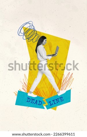 Magazine creative image template collage of business lady working netbook doing project deadline high productivity concept