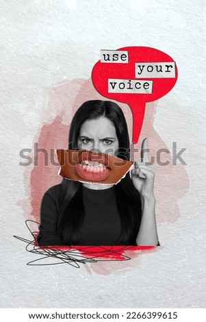Creative weird template collage of caricature lady with angry facial expression scream mind cloud feminist use your voice