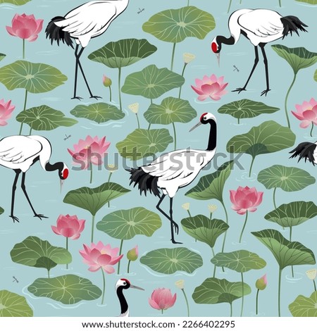 Seamless pattern with red crowned japanese cranes among lotus flowers and leaves on water surface