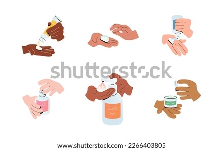 Close up set of hands apply cream from tube. Collection of diverse hands gestures. Skin care concept design. Female and male hygiene. Modern style vector illustration