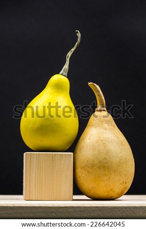 Old and new pear shaped pumpkins with dark background
