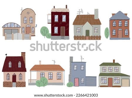 Collection of different houses. Lovely residential buildings clip arts. Set of modern flat vector illustration isolated on white.