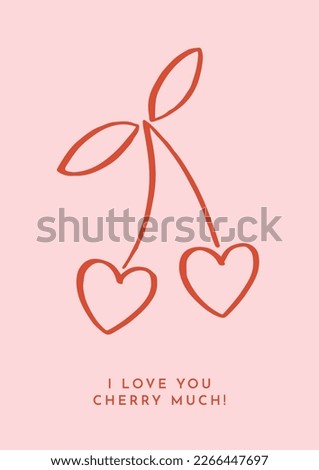 Cute Linear Heart Shaped Cherries And "I Love You Cherry Much” Inscription. Hand Drawn Illustration. Simple Vector Graphic. Isolated Elements On Pink Background.  Ideal For Greeting Card Or Poster. Royalty-Free Stock Photo #2266447697