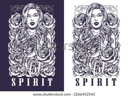 Beautiful girl spirit flyer monochrome with portrait of attractive woman with long hair embracing rose flowers vector illustration