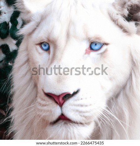 Closeup picture of white lion with blue eyes