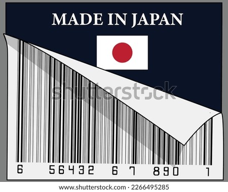 Made in Japan text and their country flag sign with half scrolled barcode label design. Isolated on gray background.