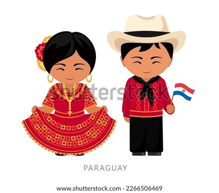 Woman and man in Paraguay national costume. Paraguayans couple, cartoon characters in traditional ethnic clothes. Flat vector illustration. Royalty-Free Stock Photo #2266506469