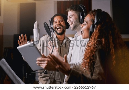 Team, people in recording studio singing and mic, sound equipment with music and artist, diversity and collaboration. Audio, headphones and musician group with tablet, record label and creativity