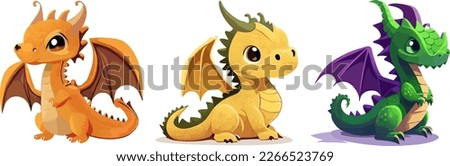 Cartoon dragon set. Fairy cute dragonfly icons collection. Baby fire dragon
 or dinosaur cute characters isolated vector. Fairytale monsters.