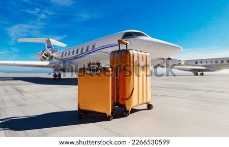 Preparing for a private flight. Jet. Luggage. Exclusive. Runway. Blue sky Royalty-Free Stock Photo #2266530599