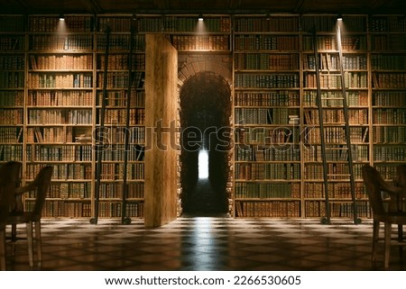 Vintage wooden library, surrounded by towering shelves of books Royalty-Free Stock Photo #2266530605