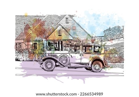 Building view with landmark of Prescott is a city in central Arizona. Watercolor splash with hand drawn sketch illustration in vector.