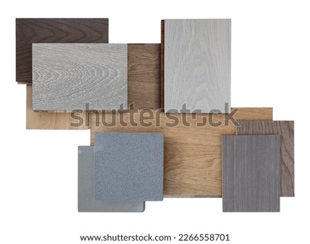 sample of wood chipboard. wooden laminate veneer material for interior architecture placed with stone tile and engineering flooring tile. samples isolated on background with clipping path. mood board. Royalty-Free Stock Photo #2266558701