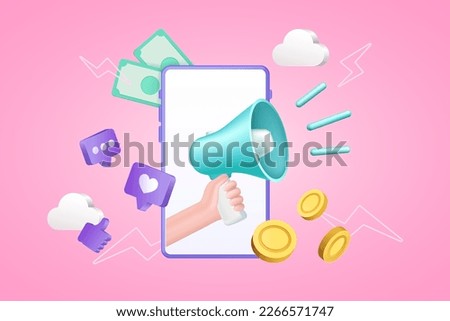 3d friend earn, invite refer. Share or announce money offer in social media, hand hold megaphone, people recommends. Smartphone screen with icons. Banner template vector isolated concept Royalty-Free Stock Photo #2266571747