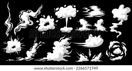 Smoke clouds set, wind stream, comic space. Cartoon dust white silhouette, graphic bouffant effect, design isolated elements for games. Dust and mist, exploding motion. Vector garish collection