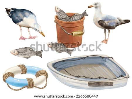 Drawing of seagulls with fish and a boat on a white background. For printing on clothes, stickers, children's products, website design, etc. Nautical theme Funny birds, wooden boat and lifebuoy