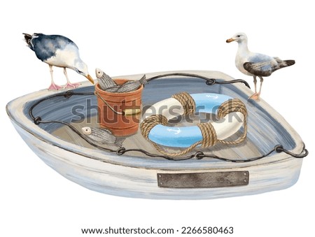 Watercolor drawing of seagulls with fish in a wooden boat on a white background. For printing on stickers, clothes, dishes, children's products, postcards, etc. Lifebuoy in a boat. Fish in a bucket.