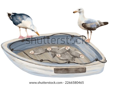 Watercolor drawing of seagulls with fish in a wooden boat on a white background. For printing on stickers, clothes, dishes, children's products, postcards, etc. Seagulls that found a fisherman's catch