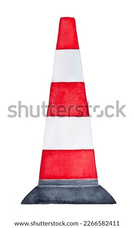 Watercolour illustration of red and white striped Traffic Safety Cone. One single object, front view. Hand painted water color graphic drawing, cut out clip art element for design, banner, pictogram.