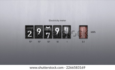 3D animation of electricity meter. Close-up view of kWh counter. Changing numbers on the electricity meter display. Energy savings or over-consumption, rising prices and costs. Electricity supply. Royalty-Free Stock Photo #2266583169