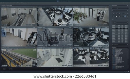 Playback CCTV cameras in office on computer screen. Surveillance interface with AI futuristic software and people recognition system. Security cameras. Concept of privacy, identification and tracking. Royalty-Free Stock Photo #2266583461