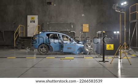 3D animation of eco-friendly electric vehicle experimental crash test in a laboratory. Simulation of traffic accident. Testing new generation car for checking and changing the safety parameters.