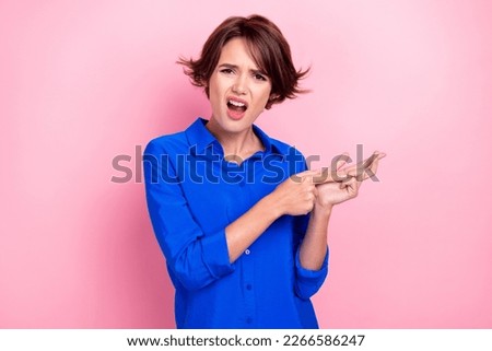 Portrait of unsatisfied girl arm fingers counting speak complain isolated on pink color background