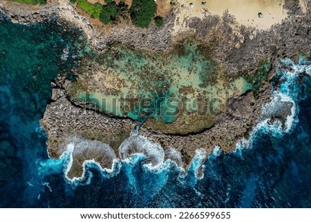 Amazing colorful aerial picture of Sharks Cove in Hawaii 