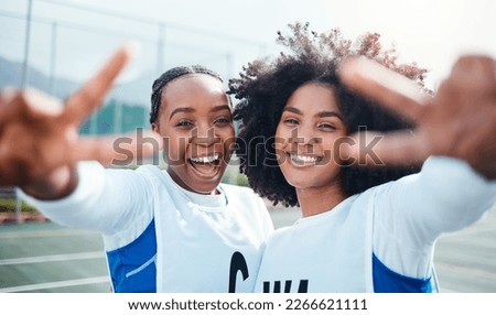 Black woman, friends and portrait smile with peace sign for sports, netball or team on the court outdoors. Happy African American women smiling showing peaceful hand sign or emoji for sport day