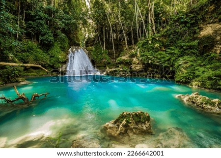 Blue hole waterfall in Jamaica tropical forest Royalty-Free Stock Photo #2266642001