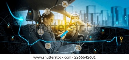 City map with route marked with pins and icons of car, satellite, mechanic with background of young woman sitting behind the wheel of her vehicle checking the route of her trip on her smartphone Royalty-Free Stock Photo #2266642601