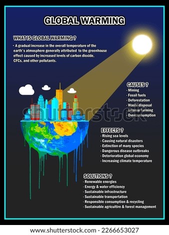 Global warming infographics dark blue theme for poster and illustration vector design. Save earth, climate change, science, nature, environment sustainability, global climate change, recycle.