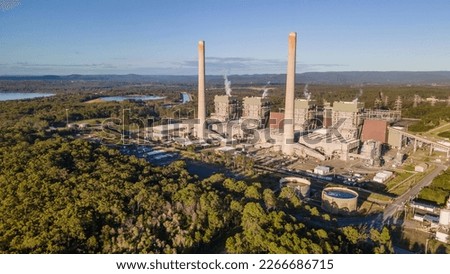 Aerial drone view of Eraring Power Station, Australia’s largest coal fired power station consisting of steam driven turbo alternators located at Eraring, NSW, Australia Royalty-Free Stock Photo #2266686715