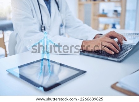 Doctor typing, laptop and tablet hologram, futuristic body graphic or ai. Health, healthcare and man with future cyber tech, pc or computer working on research on digital, 3d or holographic gadget.