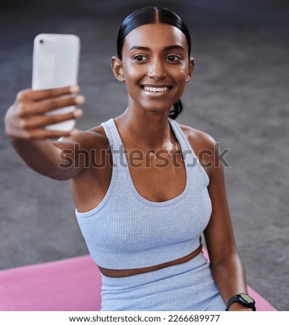 Fitness selfie, sports floor and woman with social media post, profile picture update or wellness website blog on mobile app. Smartphone photography, Indian athlete and pilates or cardio gym training
