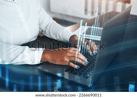 Hologram, laptop or hands trading cryptocurrency on stock market for financial profit or investment growth. Overlay, chart or black woman trader working or typing on forex digital fintech website