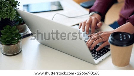 Laptop, office and business woman hands typing on keyboard for email, internet search or copywriting in marketing or social media management. Productivity and person with tech website administration