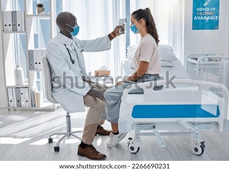 Doctor checking temperature of sick covid patient to test for fever, risk of disease or flu. Physician, gp and corona expert consulting for healthcare, checkup and visit in hospital or medical clinic Royalty-Free Stock Photo #2266690231
