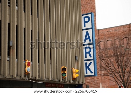 Sign Parking garage road sign in public blue urban city 