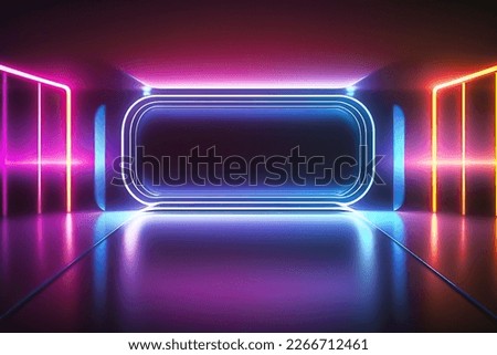 Abstract neon light fluorescent Neon Lights glow ,Reflection on water, exhibition background 3D illustration. Royalty-Free Stock Photo #2266712461