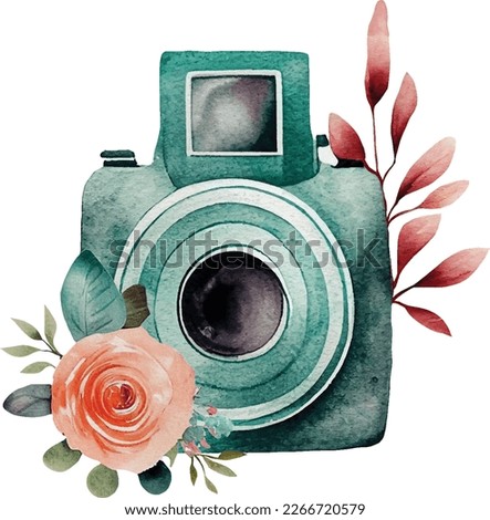 Watercolor Retro Cameras Clipart Vintage floral Shabby Cameras PNG isolated on white background.