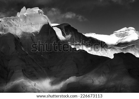 Black-and-white contrast landscape with mountains in Tibet.