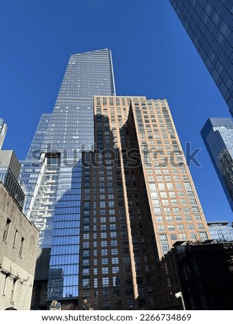 New York City skyscraper view, blue blue sky
