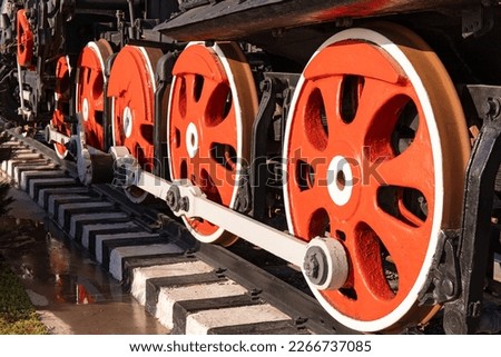 Beautiful wheels of a steam locomotive on Primorsky Boulevard. Baku. Azerbaijan. Royalty-Free Stock Photo #2266737085