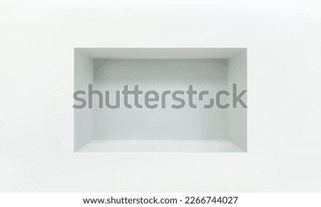 Empty niche or shelf on white wall 3D mockup. Shop, gallery plastic or wooden showcase to present product. Blank retail storage space. Interior design furniture. Living room bookshelf Royalty-Free Stock Photo #2266744027