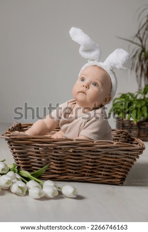 baby in a white bodysuit with rabbit ears on his head is sitting in a wicker basket on the floor with a bouquet of tulips. High quality photo